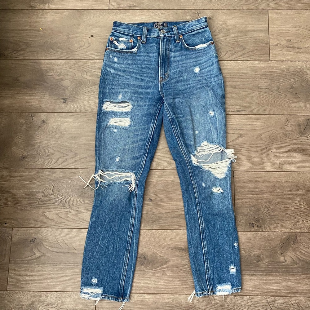 Abercrombie & Fitch High Rise Pipped Mom Jean size 24 Dark Destroyed Wash - Picture 3 of 11